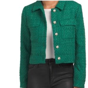 Rachel Zoe Emerald Kelly Green Tweed Cropped Blazer with Gold Crest Button M